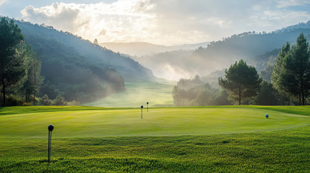 Golf tee box with markers in place and vast fairway beyond, bathed in morning lightの素材