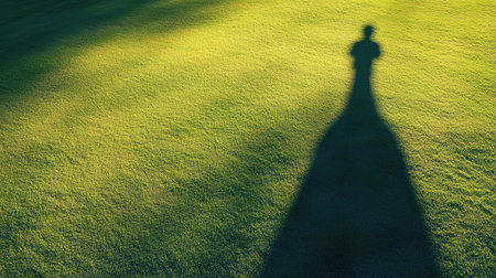 Golf club shadow on the green, implying the stance of a golfer in early morning lightの素材