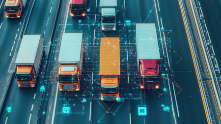 Aerial view of delivery trucks moving on highways connected by digital logistics overlaysの素材