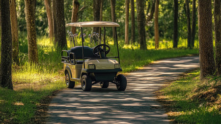 Modern golf cart with clubs loaded, parked on a paved path beside the fairwayの素材