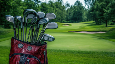 Set of golf clubs resting in a bag beside the green with scenic course behindの素材