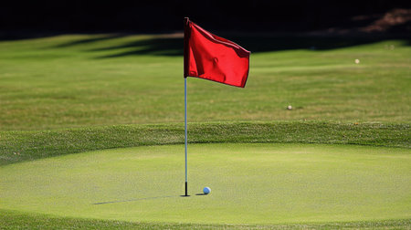 Wind moving flag on the green as golf ball approaches the hole, tension of the game capturedの素材