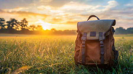 Isolated carry bag on dew-covered grass, signifying peaceful solo roundの素材