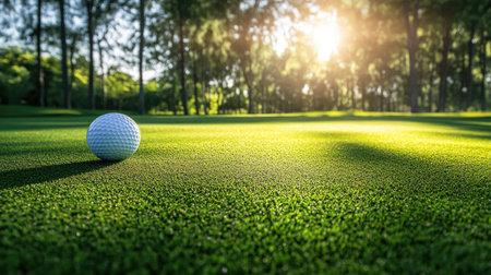 Golf ball on a tee with early morning dew and sunlight casting long shadows across the green fairwayの素材