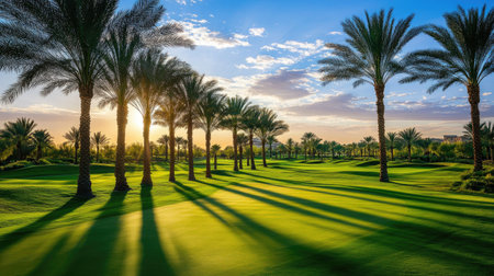 Tall palm trees casting shadows across a championship golf course at twilightの素材