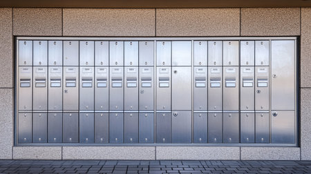 Clustered mailboxes in a gated community entrance, neatly aligned in metallic finishの素材