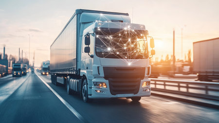 Cross-country freight map with vehicles connecting major cities and logistics centersの素材