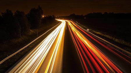 Cross-country highway at night illuminated by moving transport vehicle headlightsの素材