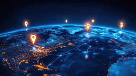 Concept image of smart global logistics with location pins over continentsの素材