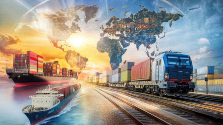 Composite image of freight trains, ships, and aircraft representing seamless trade worldwideの素材
