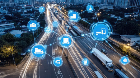 Logistics route map overlay on a city grid with icons of trucks, packages, and checkpointsの素材