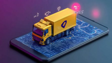 Logistics app screen with vehicle dispatch schedules, route planner, and delivery time optimizationの素材