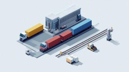 Isometric vector graphic of a transport logistics system with animated supply routesの素材