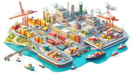 Isometric graphic of global transport logistics with ports, terminals, and warehousesの素材
