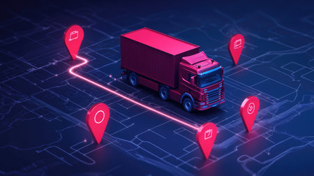 Logistics services icons and background with truck illustrations and route mappingの素材