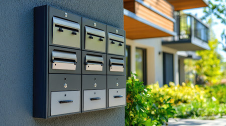 Modern urban mailbox unit with multiple slots, situated outside a sleek apartment buildingの素材