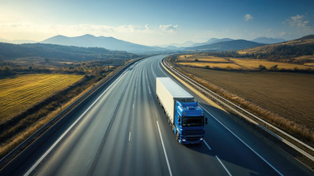 Long highway with transport trucks moving under a clear blue sky, showcasing efficient overland shippingの素材