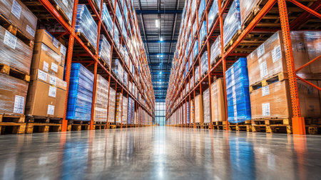 Organized pallet racks in a clean logistics warehouse with inventory barcodes visibleの素材