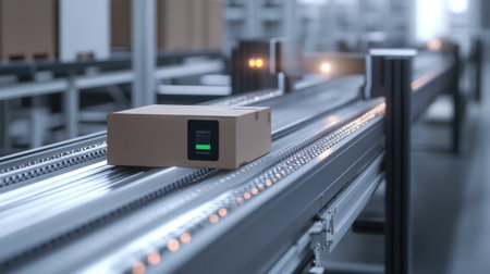 Package conveyor system in action within a logistics warehouse with visible scanning unitsの素材