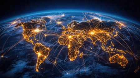 Satellite image with global cargo paths and major logistics centers marked by glowing nodesの素材