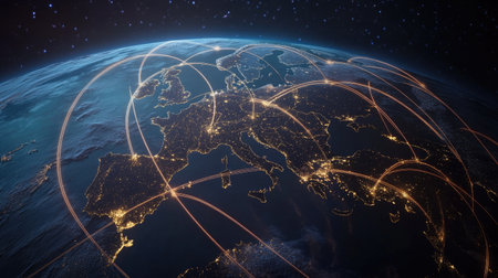Satellite view of connected global transport routes and shipping pathsの素材