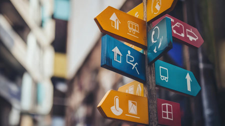 Roadside logistics signboard with branded transport company icons and directional markersの素材