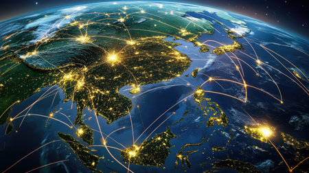Satellite image with global cargo paths and major logistics centers marked by glowing nodesの素材