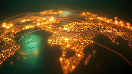Shipping lines connecting ports worldwide shown as dynamic glowing paths over globeの素材