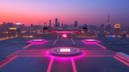 Rooftop landing zone for drones marked with delivery symbols in smart cityの素材