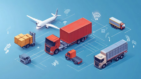 Smart logistics ecosystem showing software, hardware, and transport vehicles in integrationの素材