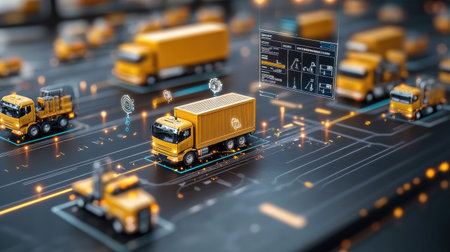 Shipping management system concept showing digital infrastructure of a transport networkの素材