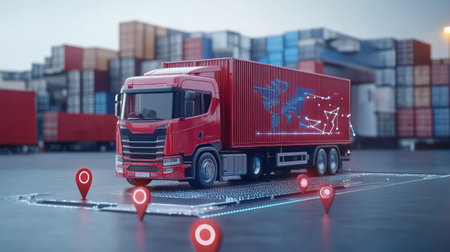 Smart logistics concept for international trade with digital map and freight markersの素材