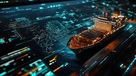 Shipping schedule on screen showing arrival times, departure slots, and route planning by transport companyの素材
