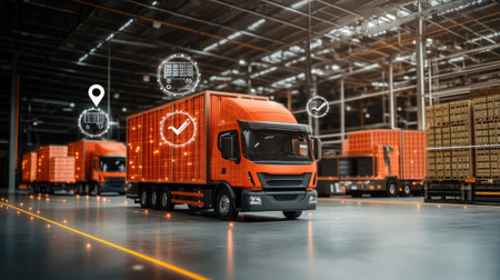 Shipping vehicles parked at large distribution center with cargo icons and tracking overlaysの素材