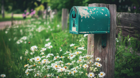 Simple green mailbox perched on a wooden fence post with wildflowers growing nearbyの素材