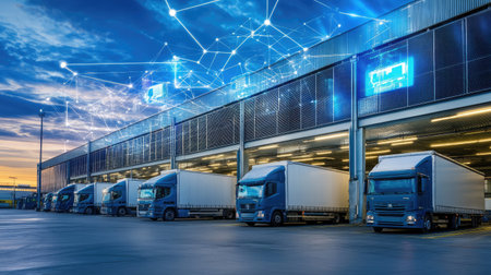 Smart logistics center with synchronized transport operations and digital signageの素材