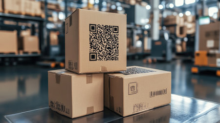 Stack of cardboard boxes with printed barcodes ready for transport through automated service systemの素材