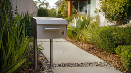 Sleek stainless steel mailbox with key lock on a polished concrete entry pathの素材