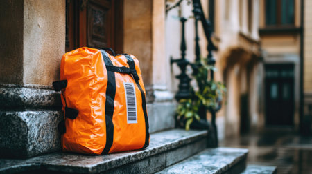 Small insulated delivery bag resting on building step with barcode visibleの素材