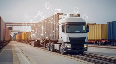 Smart logistics system showing cargo movement from Asia to Europe across digital mapの素材