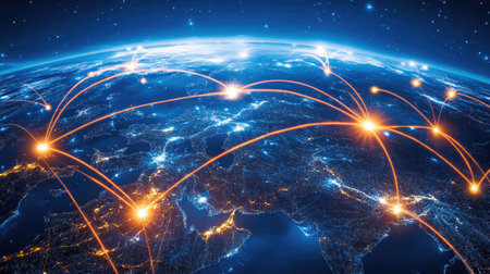 Top-down view of globe with highlighted transport lanes, ports, and supply routesの素材