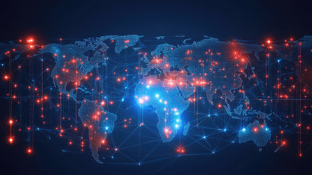 Stylized global logistics map showing main international trade hubs and container flowsの素材