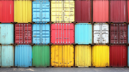 Transport containers with logistics tracking codes printed visibly on colorful metal exteriorsの素材