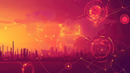 Stylized map showing logistics transport routes between cities and industrial centersの素材