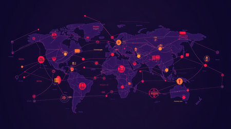 Stylized trade map showing active logistics channels between continents using iconsの素材