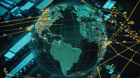 Top-down view of globe with highlighted transport lanes, ports, and supply routesの素材