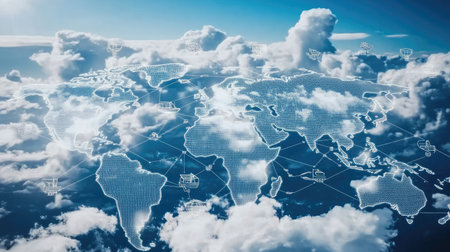 World map view with transparent shipping overlay, including global trade routes and iconsの素材