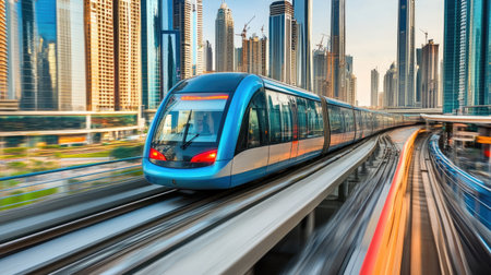 Urban skyline with multiple modes of transport like monorail, buses, and trucks in motionの素材