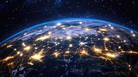 Transport network illustration overlaid on globe with arrows linking major citiesの素材