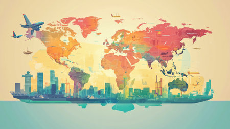 World map overlaid with air, sea, and land transport icons symbolizing international freight movementの素材
